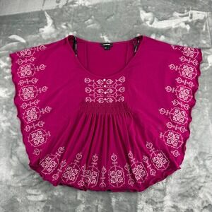 MyMichelle Magenta Pink Embroidered Butterfly Sleeve Smocked Top Large Boho Y2K